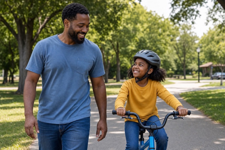 The same parent and child enjoying a bike ride after school.