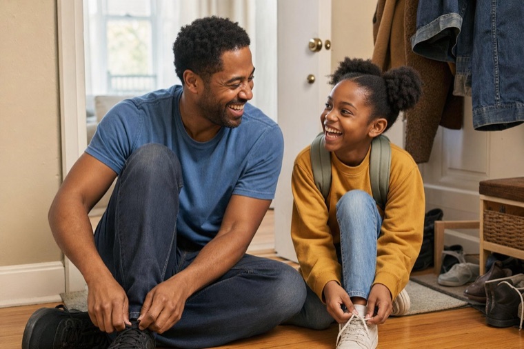 A parent and child laughing as they get ready to head out.