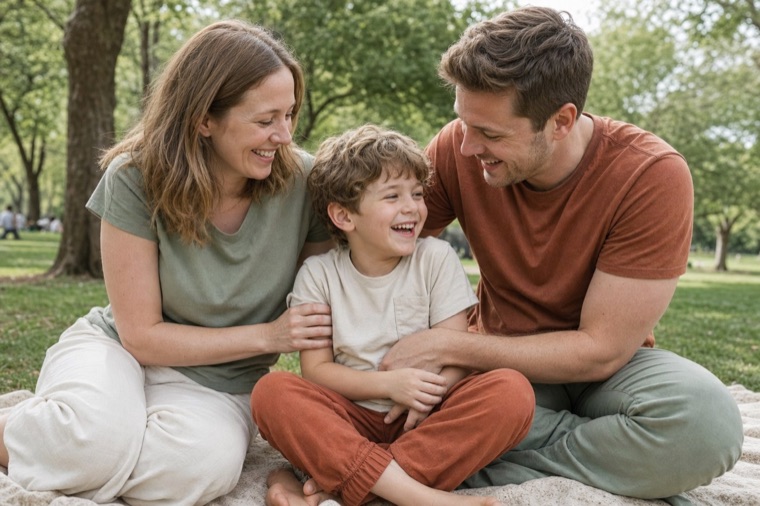 Two parents and their child taking a break together in a park.