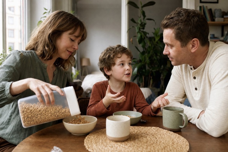 The same two parents sharing breakfast with their child, one pouring cereal and the other listening.