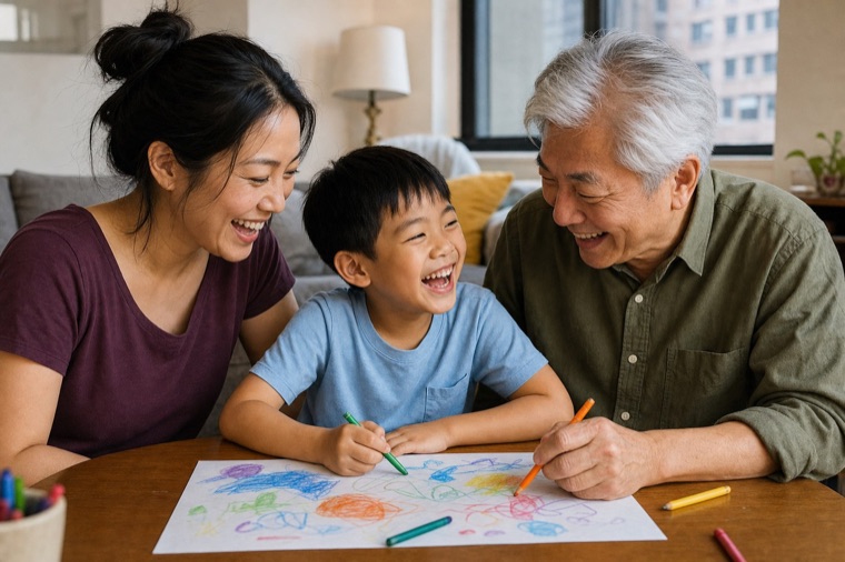 A parent, child, and grandparent sharing a laugh over a drawing.