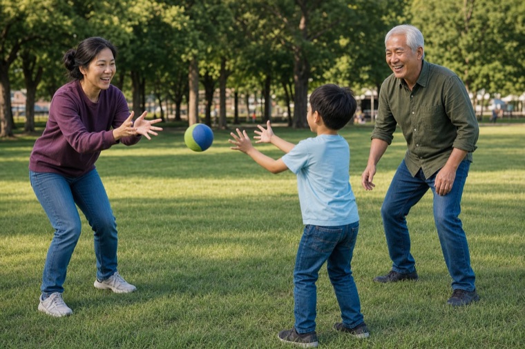 The same parent, child, and grandparent having a playful afternoon at the park.