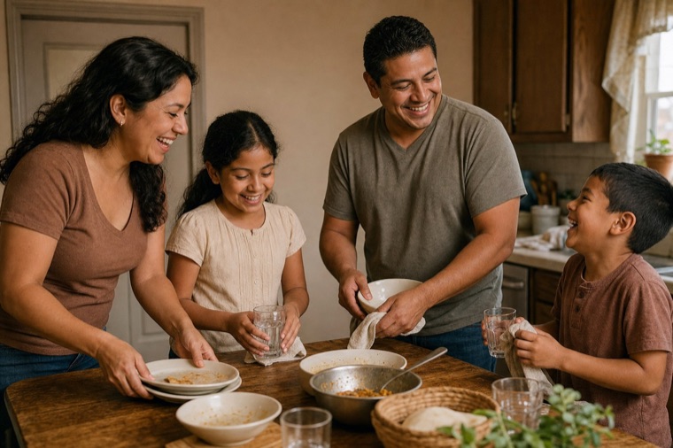 A family clearing the table together after dinner.