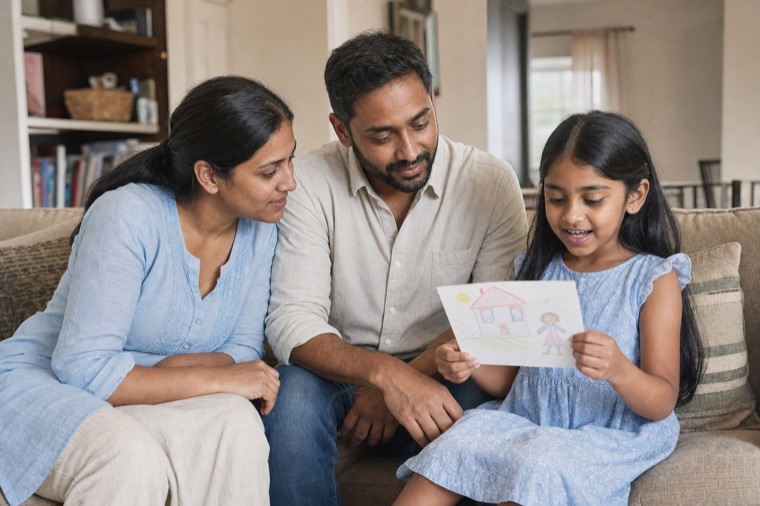 A child showing her parents something she made.