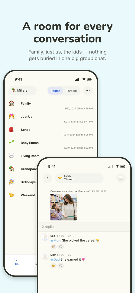 memStock Talk with Family, Just Us, and School Rooms, alongside a Thread with photo replies.