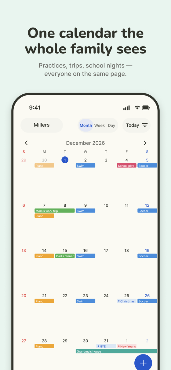memStock Calendar showing the Millers’ Month view, with Week and Day options.